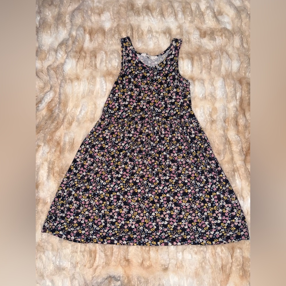 Girls Sleeveless Floral A-Line Dress - Black with Pink & Yellow Flowers